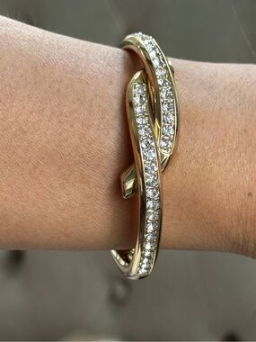 Gold Tone Rhinestone Crossover Hinged Bangle Bracelet Infinity Loop Cuff